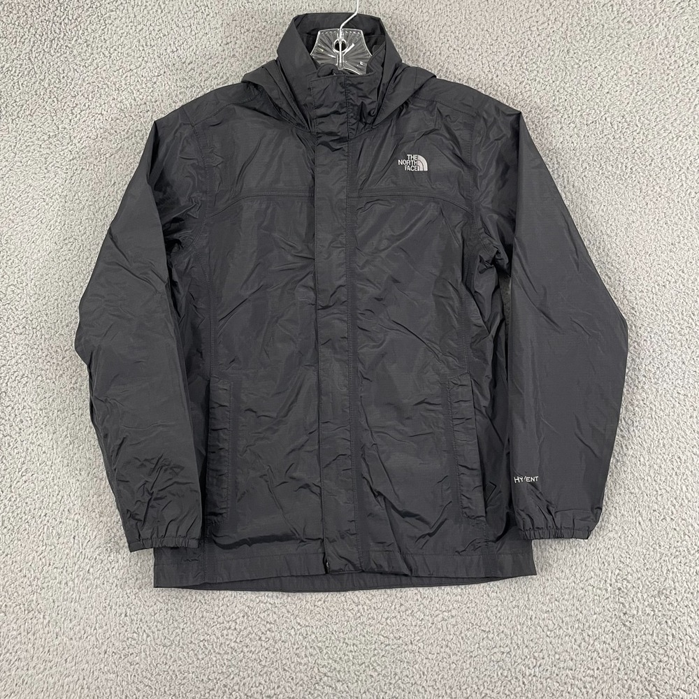 North Face Hyvent Jacket Boys L Black Hiking Waterproof Wind Rain Full Zip